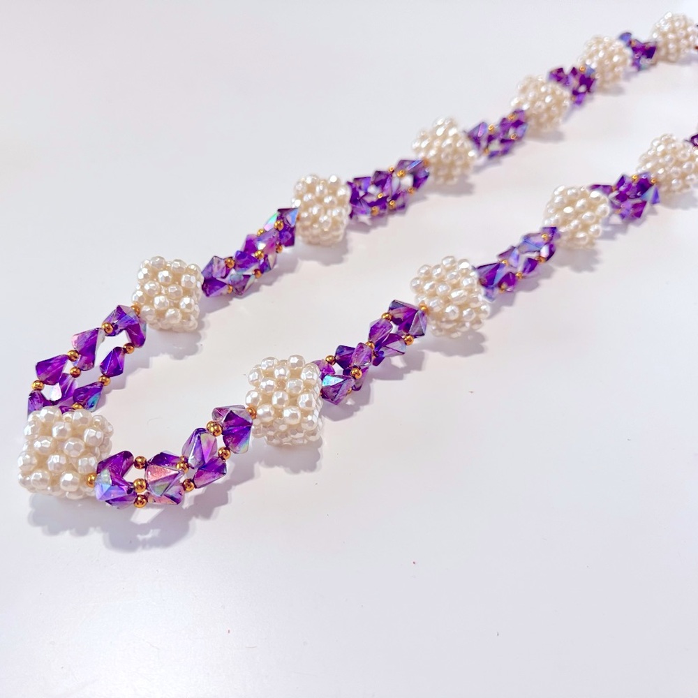 MARDI GRAS Vintage Chunky Purple Beaded & Pearl Necklace New Orleans NOLA Beads